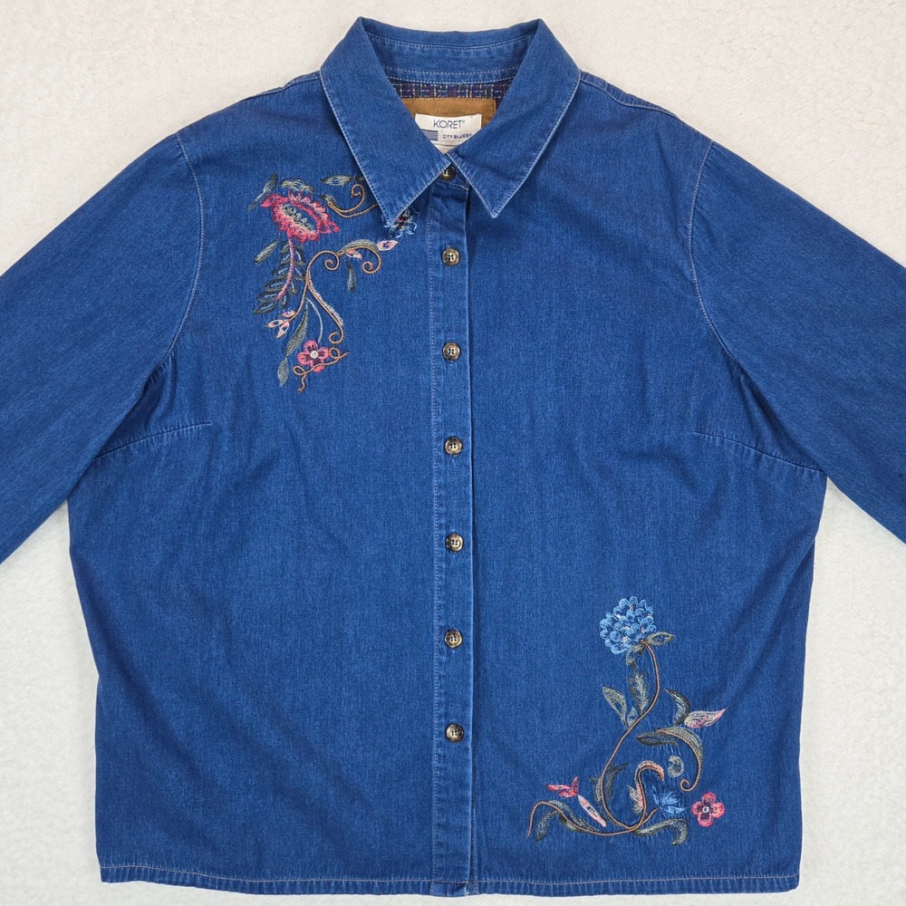 Vintage Koret City Blues Embroidered Denim Shirt 22W Plus Women's Floral Shacket